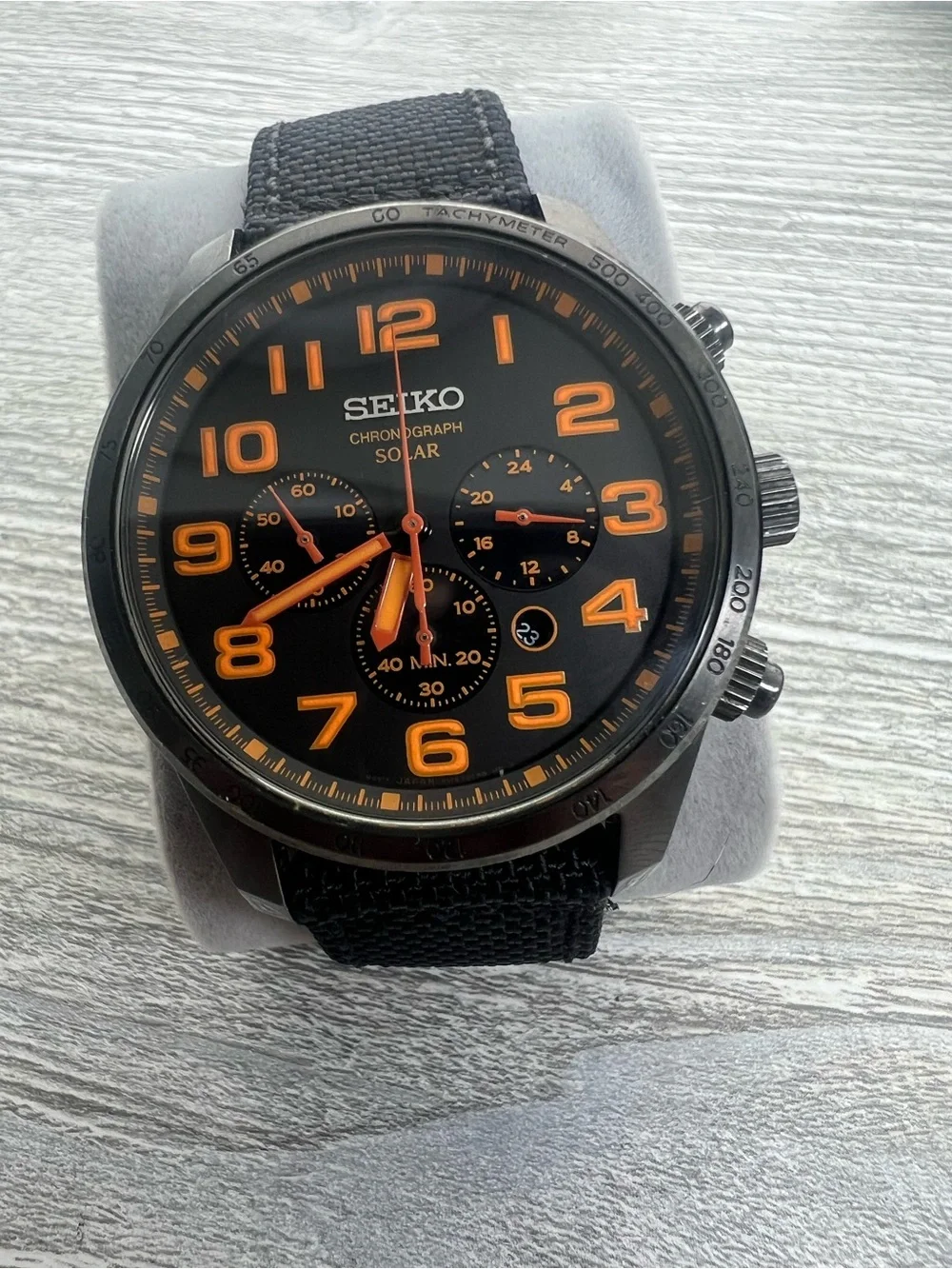 Seiko Black Dial Chronograph Watch with Orange Accents